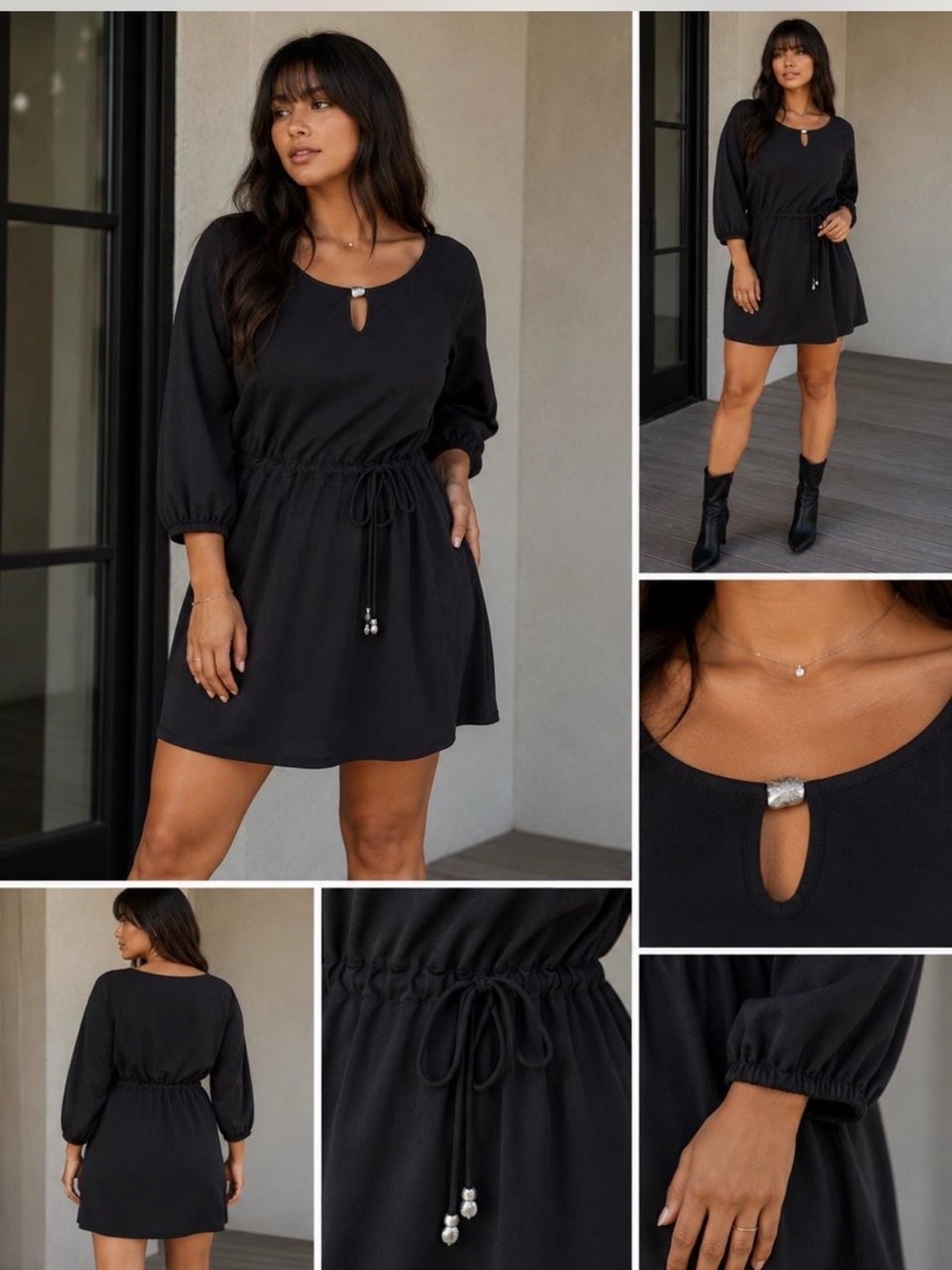 Daisy Fuentes Black Boho Tassel Tie Dress Size Large Peasant Sleeve Midi Dress